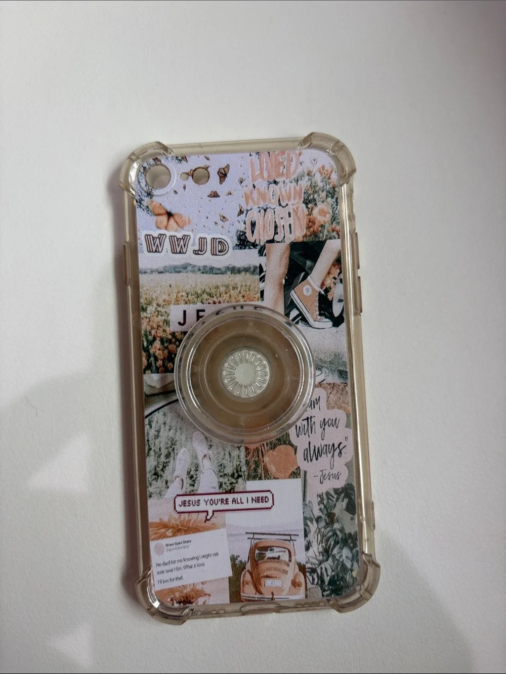 Clear Beige Floral Graphic Phone Case with Ring Grip